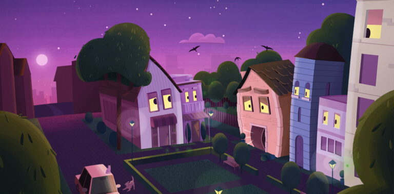 Imaginea arată case stilizate cu "fețe" pe o stradă la amurg. Ferestrele caselor, luminate, par să fie ochi cu expresii îngrijorate, iar ușile deschise par a fi guri. Este o aluzie vizuală la o casă "care tușește", sugerând impactul tusei asupra unei locuințe. Un câine și o pisică stau liniștiți pe trotuar, iar păsări zboară pe cerul în nuanțe de mov și roz. Atmosfera este calmă, dar neliniștită.