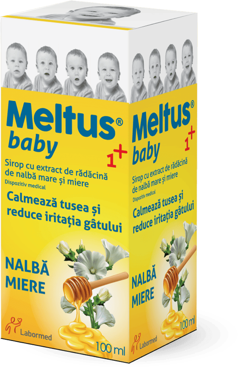 Imaginea prezintă o cutie de sirop Meltus® Baby pentru copii de peste 1 an. Cutia este predominant galbenă cu text albastru și conține imagini cu flori de nalbă mare și miere, indicând ingredientele naturale. Textul de pe cutie spune că siropul conține extract de rădăcină de nalbă mare și miere și că are rolul de a calma tusea și de a reduce iritația gâtului. Pe cutie sunt și imagini cu un bebeluș în diferite expresii faciale, sugerând diferite stadii ale disconfortului cauzat de tuse. LaborMed este menționat ca producător.