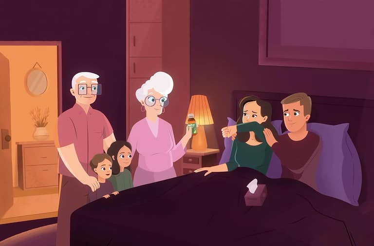 Imaginea ilustrează o scenă de familie animată într-un dormitor. O femeie în vârstă stă în picioare lângă pat, ținând o sticlă de medicament cu eticheta "Meltus". Un bărbat și o femeie, posibil reprezentându-le copiii adulți, stau pe pat, arătând îngrijorați. Două fete mici stau în fața bărbatului, una dintre ele uitându-se peste pat, iar un bărbat în vârstă stă lângă ele, zâmbind. Camera este luminată cald de o lampă de noptieră. Pe pat se află o cutie de șervețele, sugerând că cineva ar putea fi bolnav.
